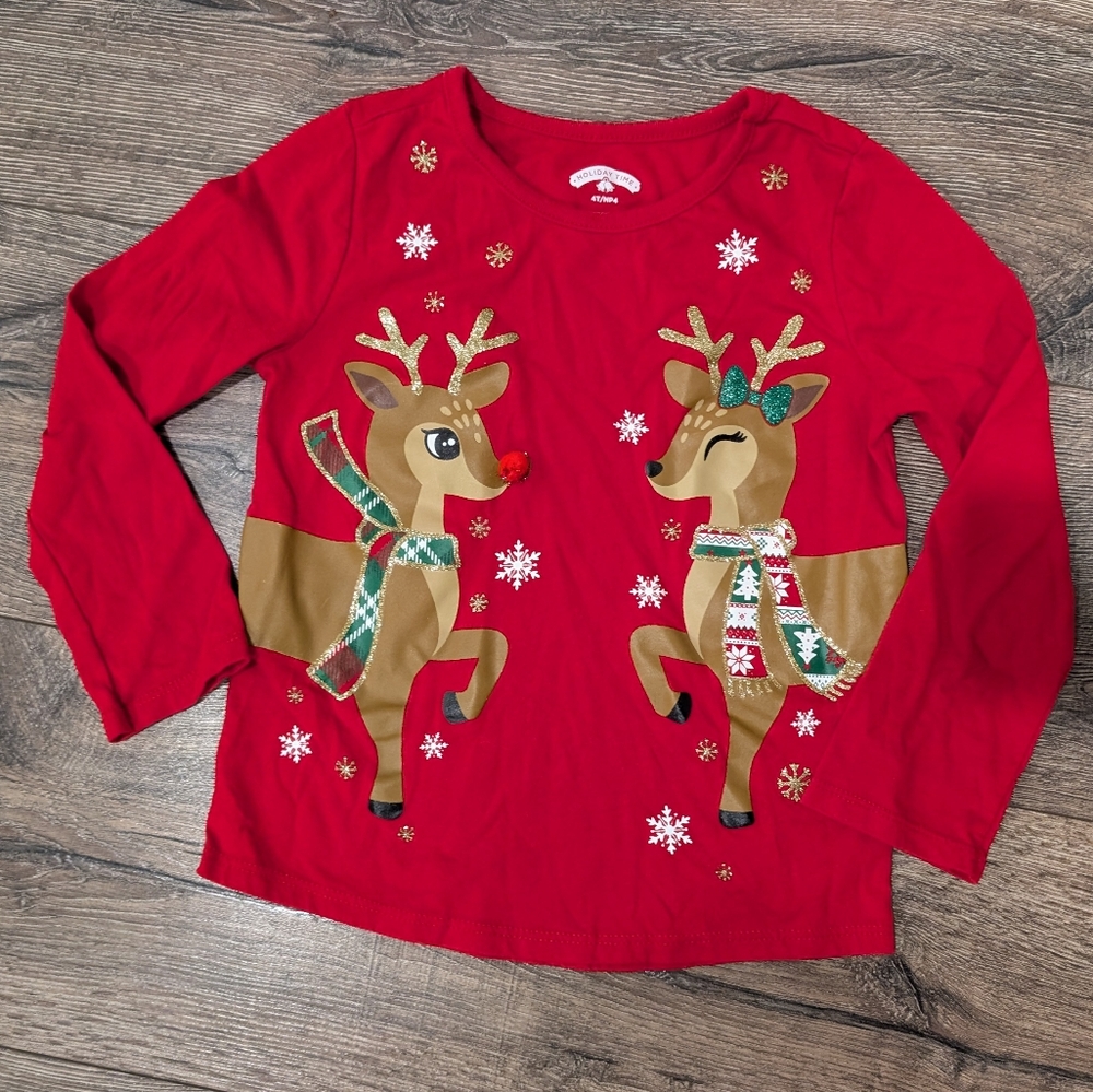 4T Toddler Girl Red Rudolph Reindeer Top Shirt Christmas Long Sleeve Like New